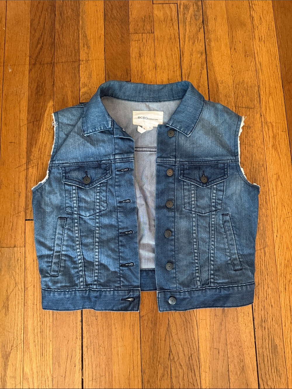 BCBGMaxAzria Distressed Sleeveless Denim Jacket - Blue Wash